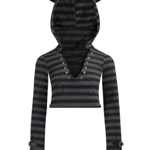 'Striped Cat' Lace-Up Cat Ear Hoodie & High-Waist Lace Layered Skirt Set