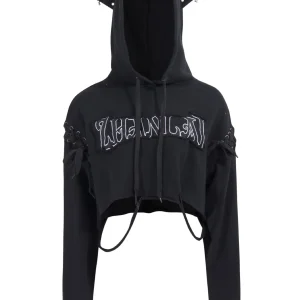 'Feral Cat' Cropped Print Drawstring Spicy Street Hoodie