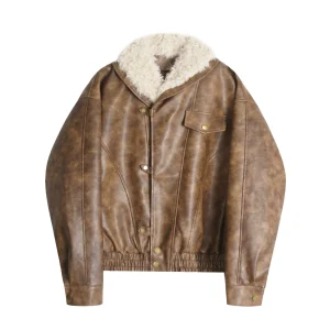 'Velvet Dawn' Faux Shearling Collar Leather Padded Jacket