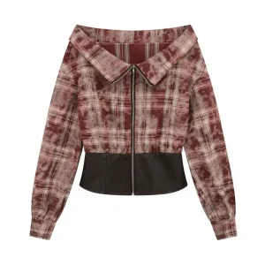'Ruby Chocolate' Y2k Off-Shoulder Zip Checkerboard Jacket
