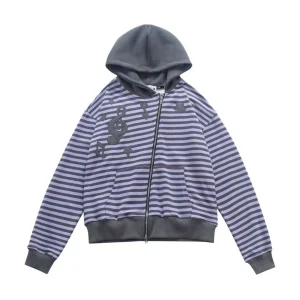 'Melody Stripes' Y2K Asymmetrical Zipper Striped Hoodie