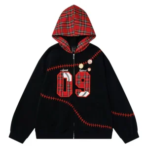'Slam Dunk' Vintage Y2K Red Plaid Colorblock Hoodie