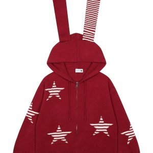 'Astro Bunny' Star Hooded Bunny-Ear Zip-Up Knit Cardigan
