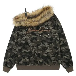 'Chaser' Streetstyle Camouflage Off Shoulder Fluffy Fur Top