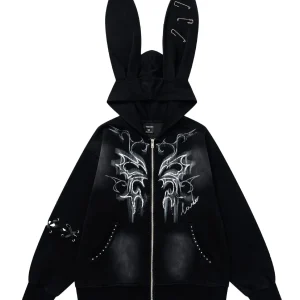 'Pin-Up Bunny' Retro Babe Bunny-Ear Zipped Oversized  Hoodie