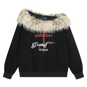 'Frost Kiss' Retro Glam Off-Shoulder Fur Trim Sweatshirt