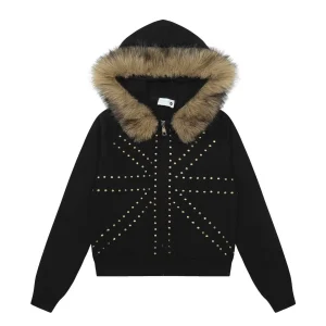 'Urban Stud' Fur Collar Studded Detailing Fleece Hoodie