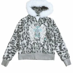 'Snow Angel' Detachable Fur Collar Leopard Print Zip-Up Hoodie