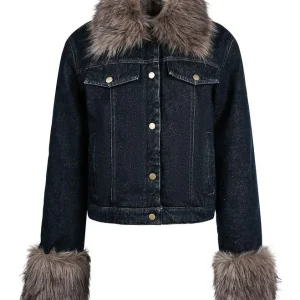 'Blue Haven' Vintage Fur-Collar Cropped Denim Puffer Jacket